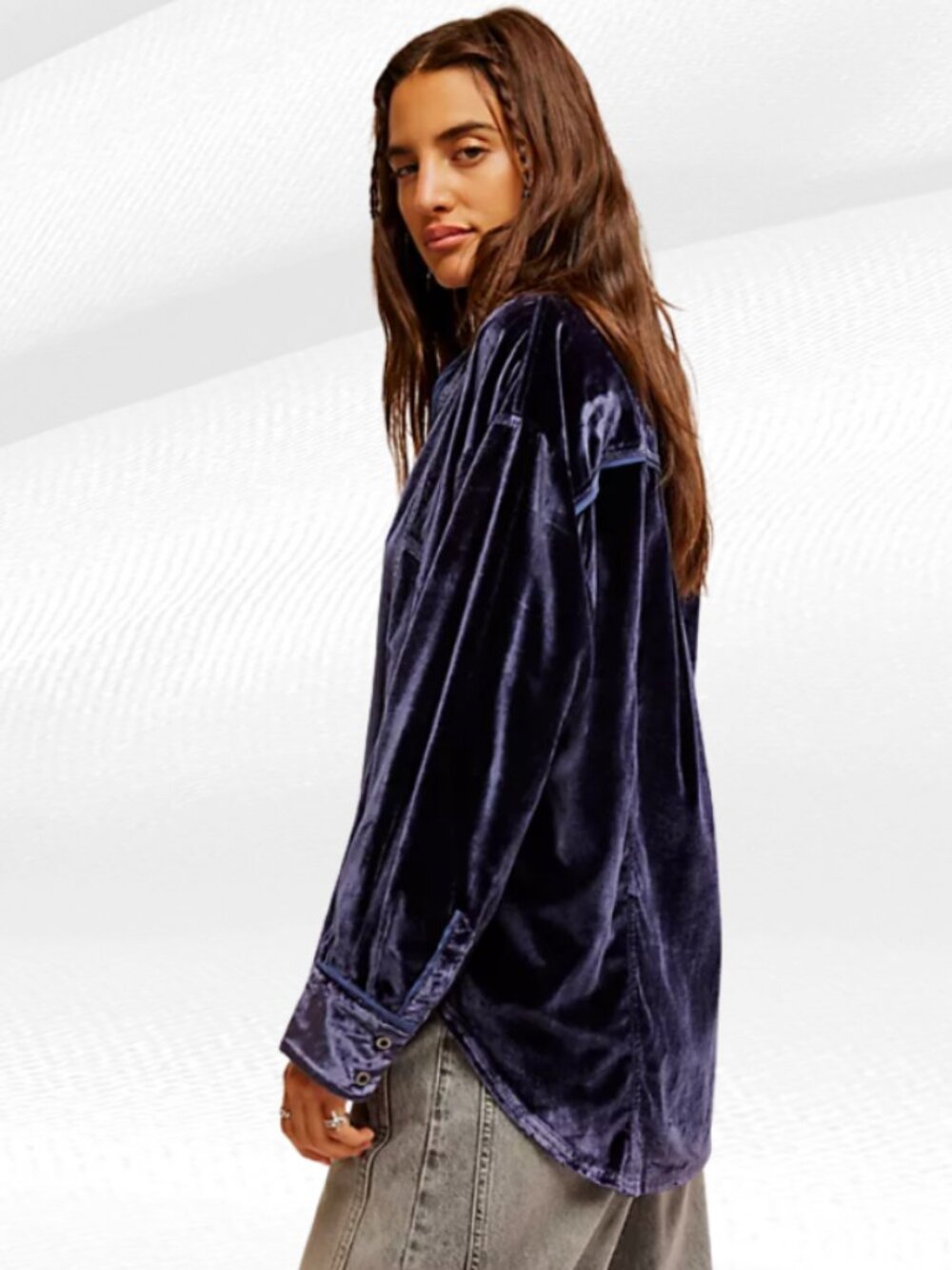 We The Free Free People Crushed Velvet Oversized Popover Shirt Top Navy Size L - Picture 5 of 17
